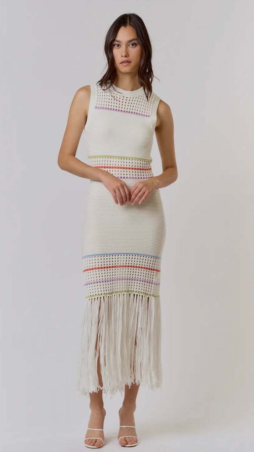 Free Spirited Stripe & Fringe Sweater Knit Maxi Dress