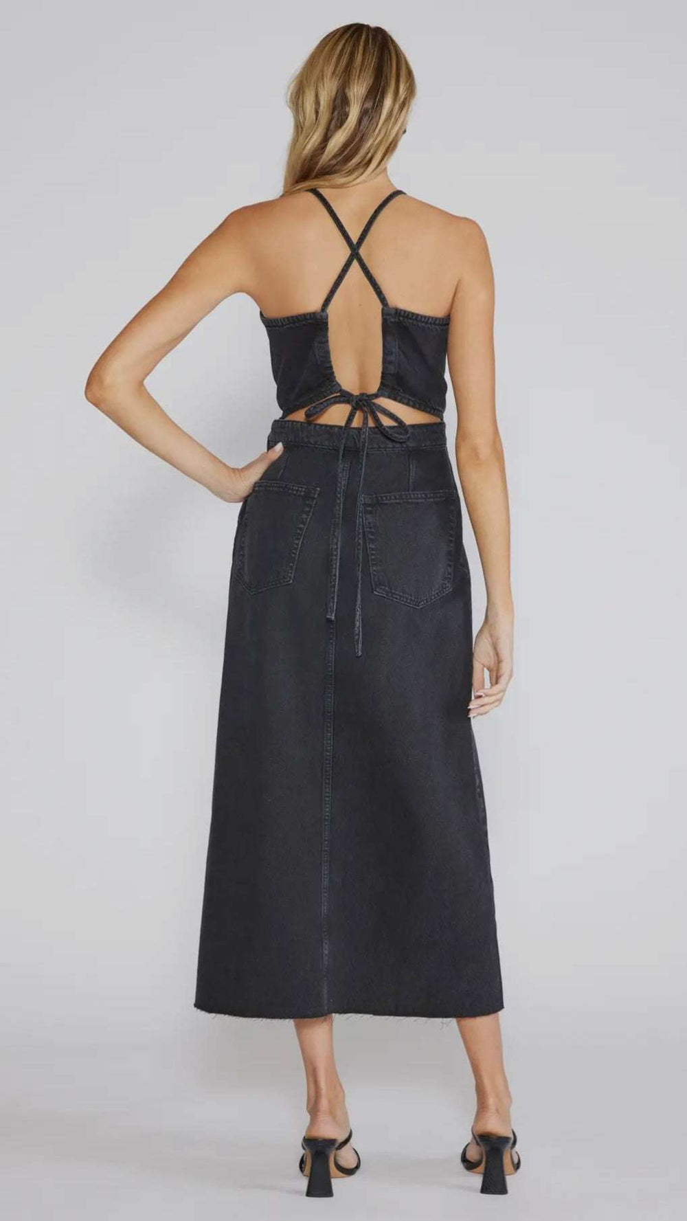 Callista Raw Hem Denim Maxi Dress