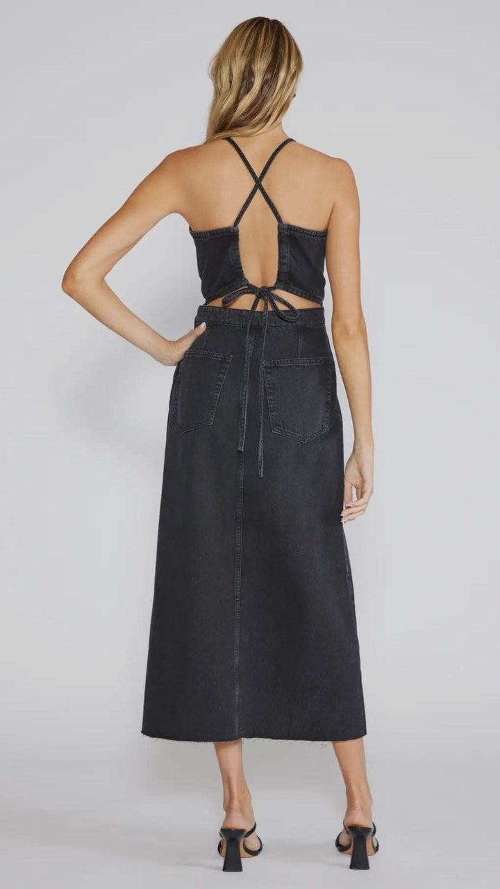 Callista Raw Hem Denim Maxi Dress