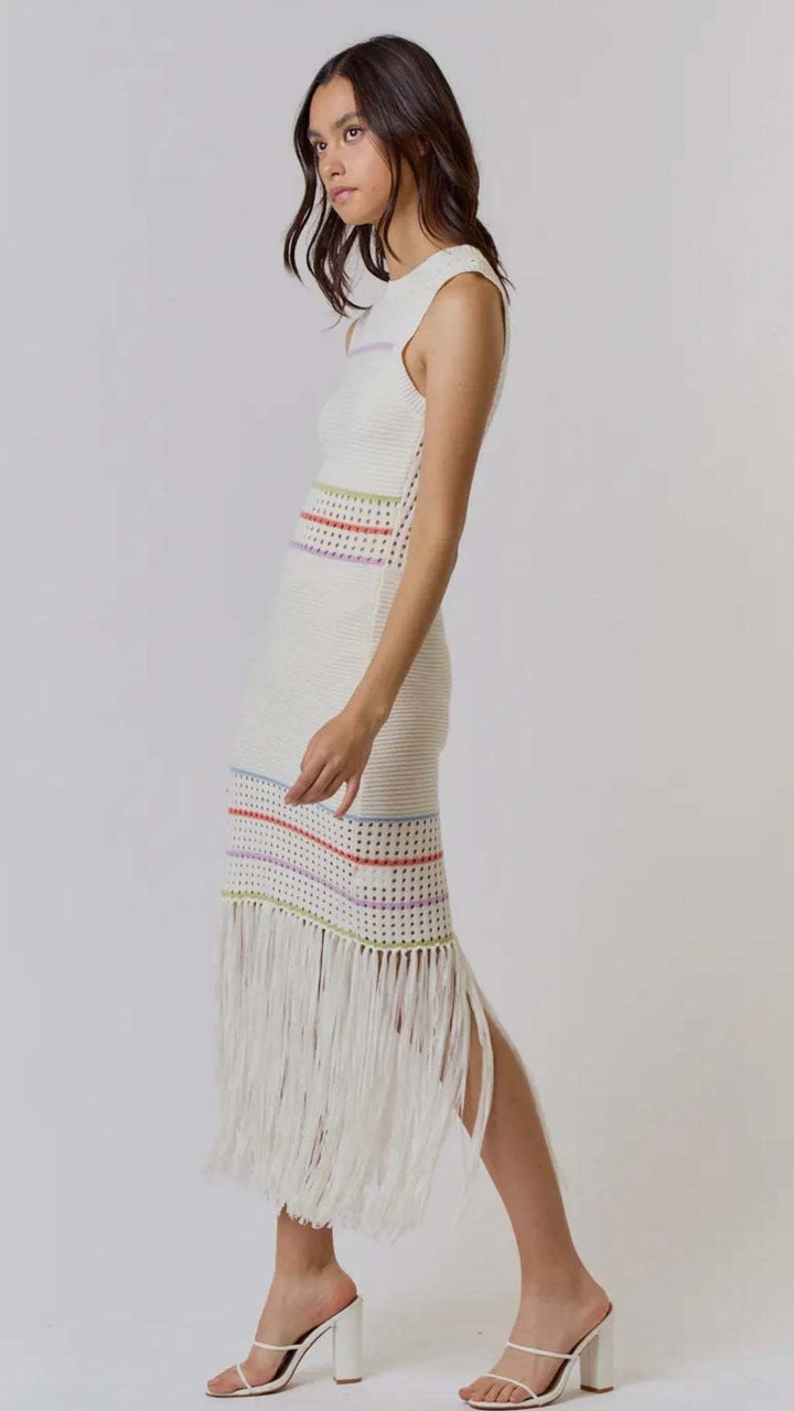 Free Spirited Stripe & Fringe Sweater Knit Maxi Dress