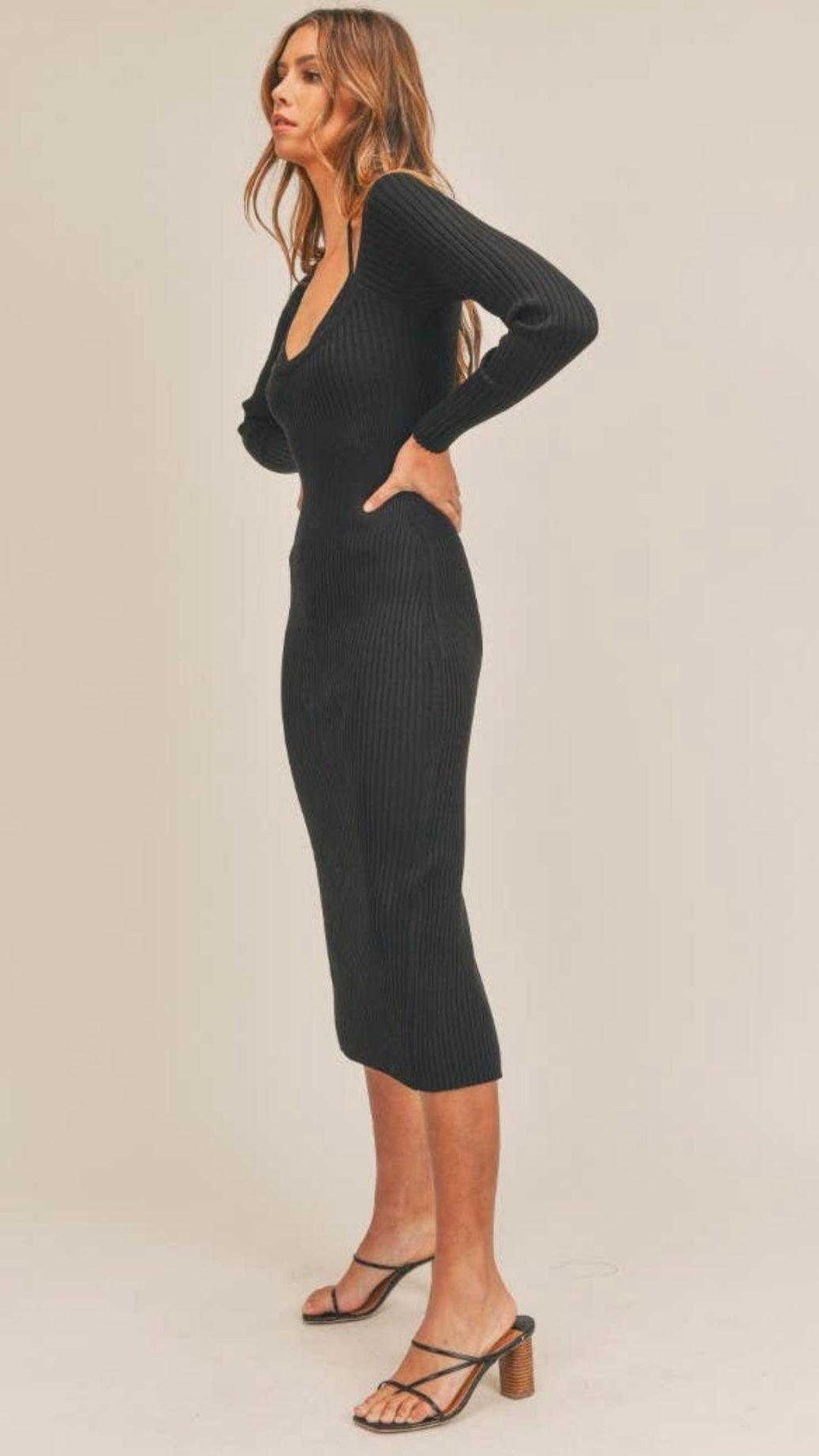 Black Sweater Midi Dress with Inner Bra Set