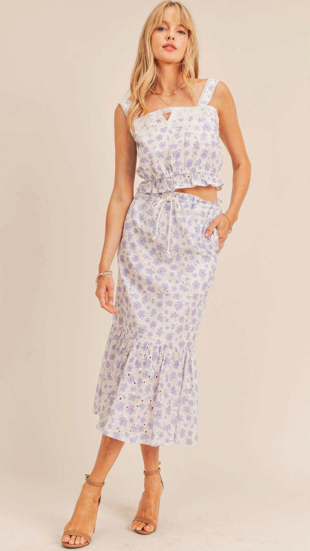 Floral Crop Top & Drawstring Midi Skirt Set - Salty Playa