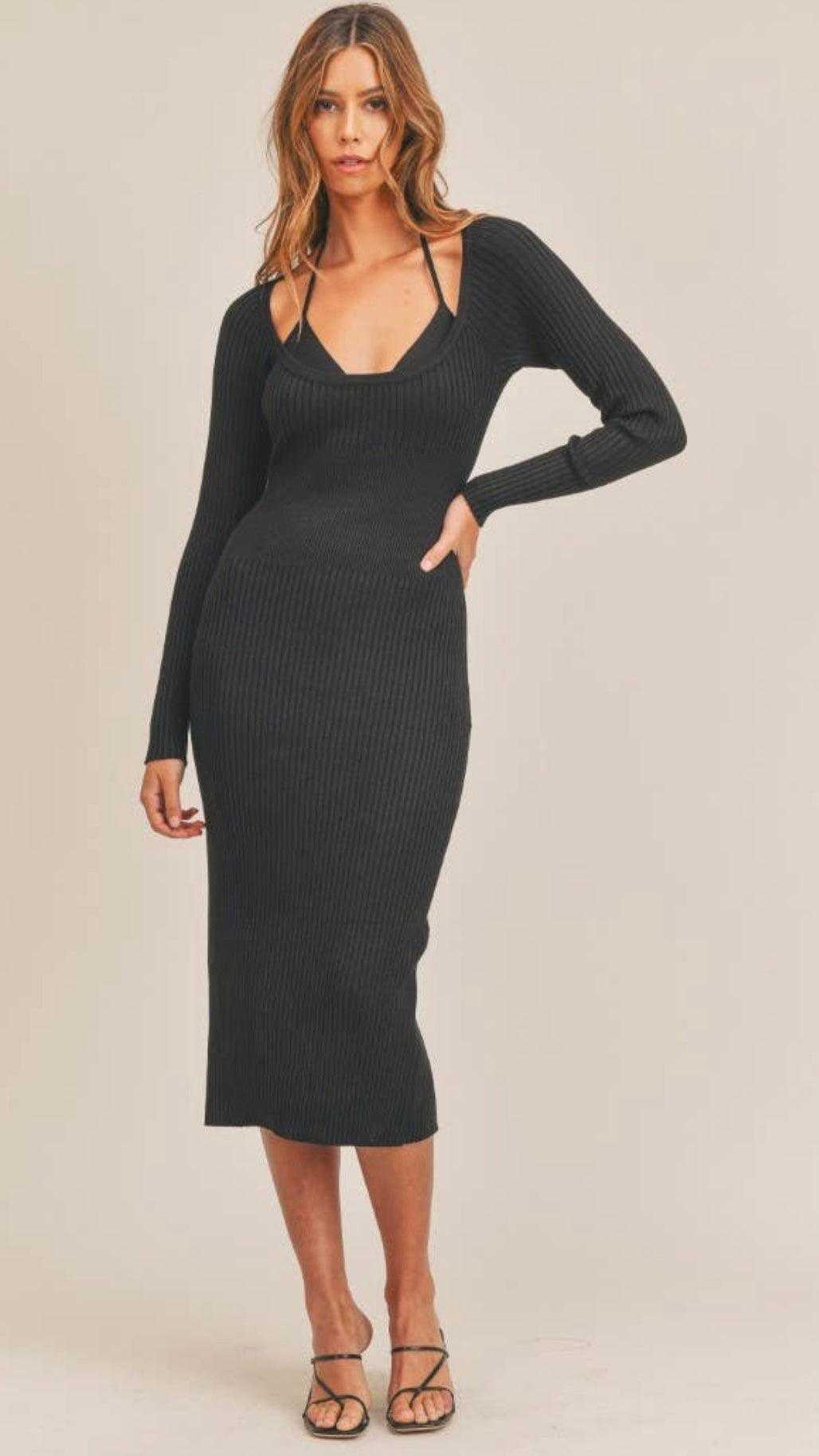 Black Sweater Midi Dress with Inner Bra Set